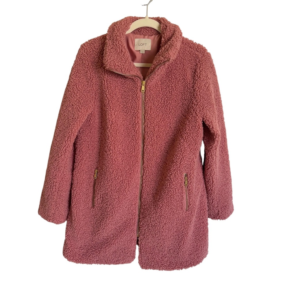 LOFT Plush Teddy‎ Fleece Zip Up Jacket Rose Pink Women's Size Small Gold Zipper